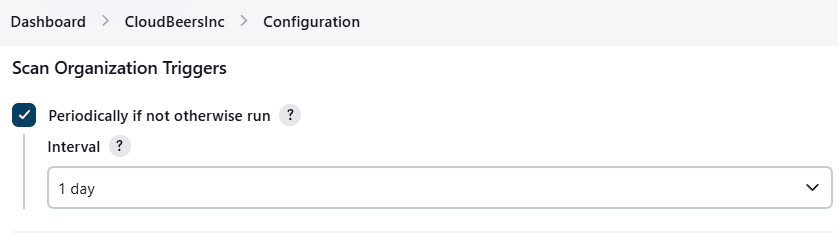 Configuration page for the 'CloudBeersInc' project, of the GitHub Organization Folder type. In the 'Scan Organization Triggers' section the 'Periodically if not otherwise run' option is checked and the Interval is set to '1 day'.